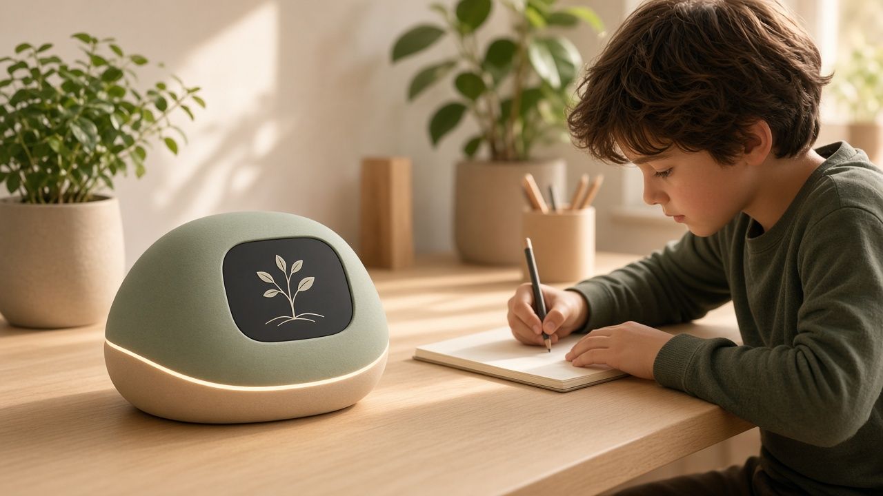 Concept image: a rounded, sage-green stone-shaped device on a light wooden desk, with a dark square screen showing a white line drawing of a sprout and a soft glowing band around its base. A boy in a green sweater writes in a notebook beside it, with potted plants and a pencil cup behind.