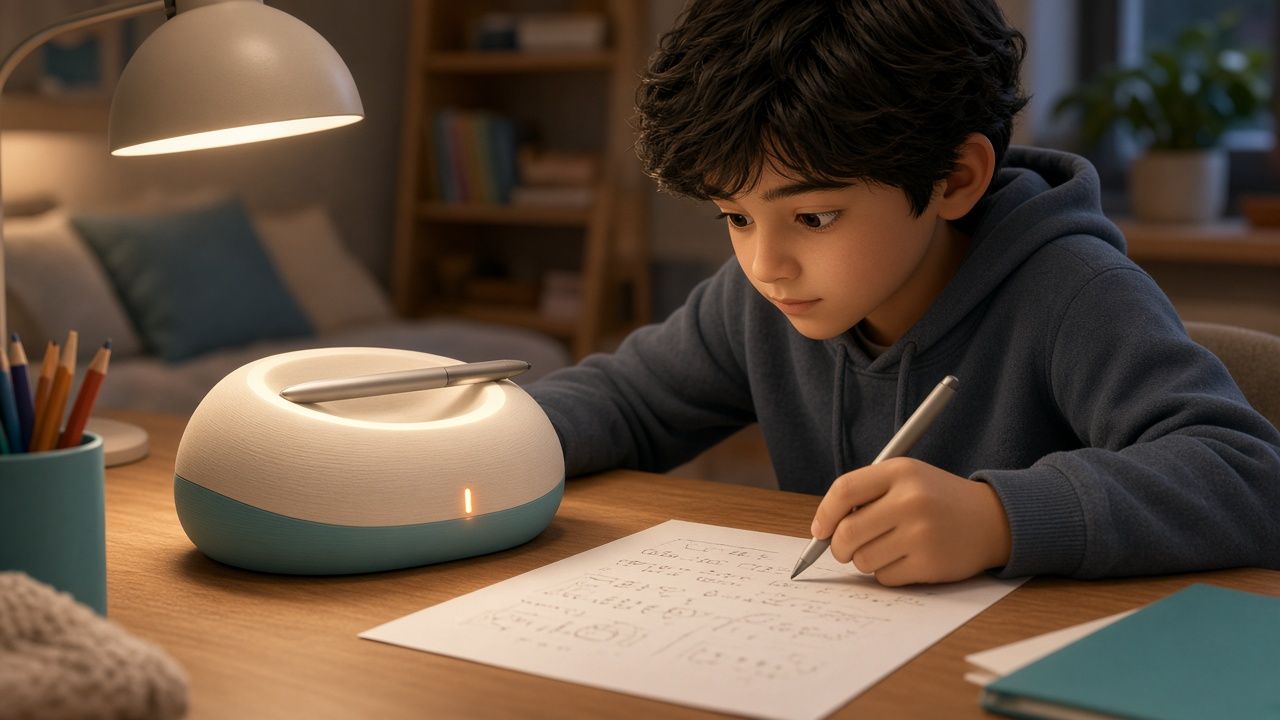 Concept image: a boy writes on a worksheet with a slim silver pen at a wooden desk under a lamp. Beside him sits a rounded white and teal desk dock with a second pen resting in a groove on top and a small orange light on its front.