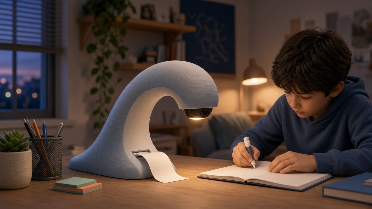 Concept image: a tall, arch-shaped light grey station on an evening desk with a small round lens under its curved top, printing a strip of paper from a slot at its base. A boy in a navy hoodie writes in a notebook next to it; a pencil cup and sticky notes sit nearby.