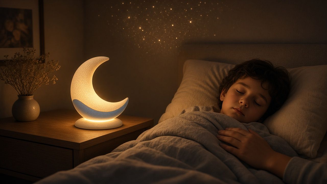Concept image: a glowing crescent-moon-shaped lamp on a round base stands on a wooden nightstand beside a vase of dried flowers, while a child sleeps under a grey blanket in a dim bedroom with tiny specks of light on the wall.