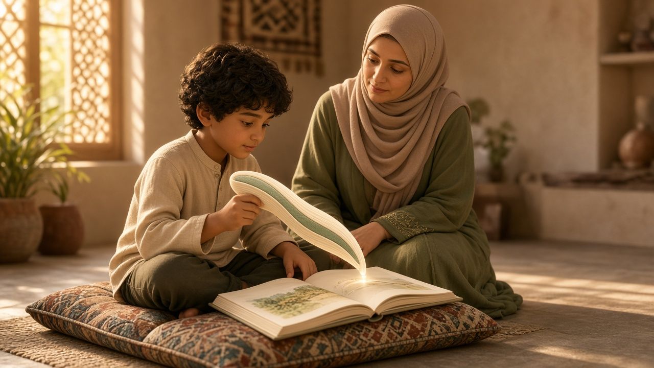 Concept image: a boy sits cross-legged on a patterned floor cushion and holds a curved, feather-like reading wand over an open picture book, its tip glowing on the page. A woman in a headscarf and green dress sits beside him in a sunlit room with a lattice window.