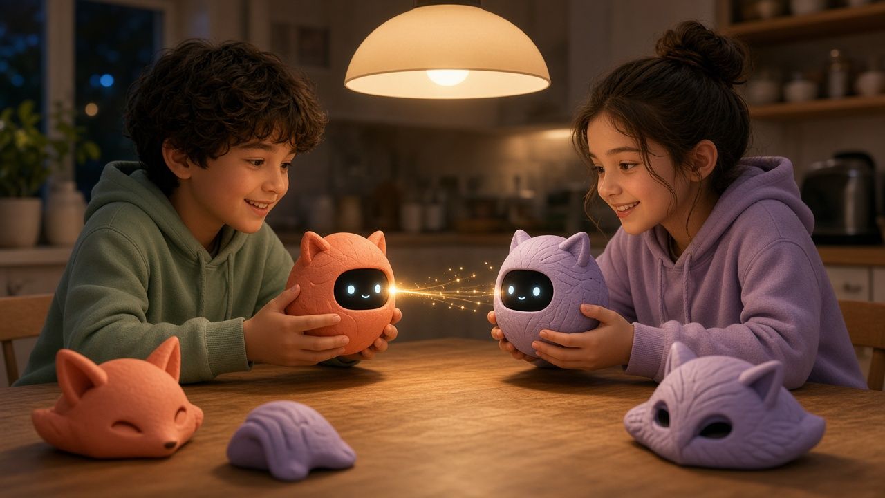 Concept image: a boy and a girl sit at a kitchen table at night, each holding a round textured device with cat-like ears and a dark face screen showing two glowing dots and a small smile, one orange and one lavender, with a spark of light between them. Spare fox-shaped and other shells in matching colours lie on the table.
